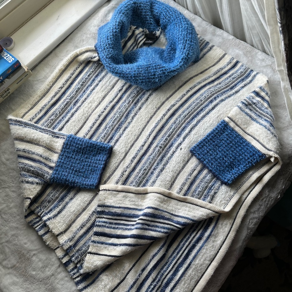 Boho Knit Poncho Turtleneck Sweater Blue White Soft Striped Shawl